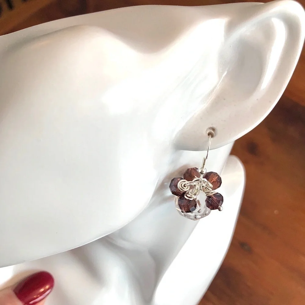 𝅺Sterling Silver Earrings Bead Fired Garnet & Austrian Crystal - Picture 4 of 12